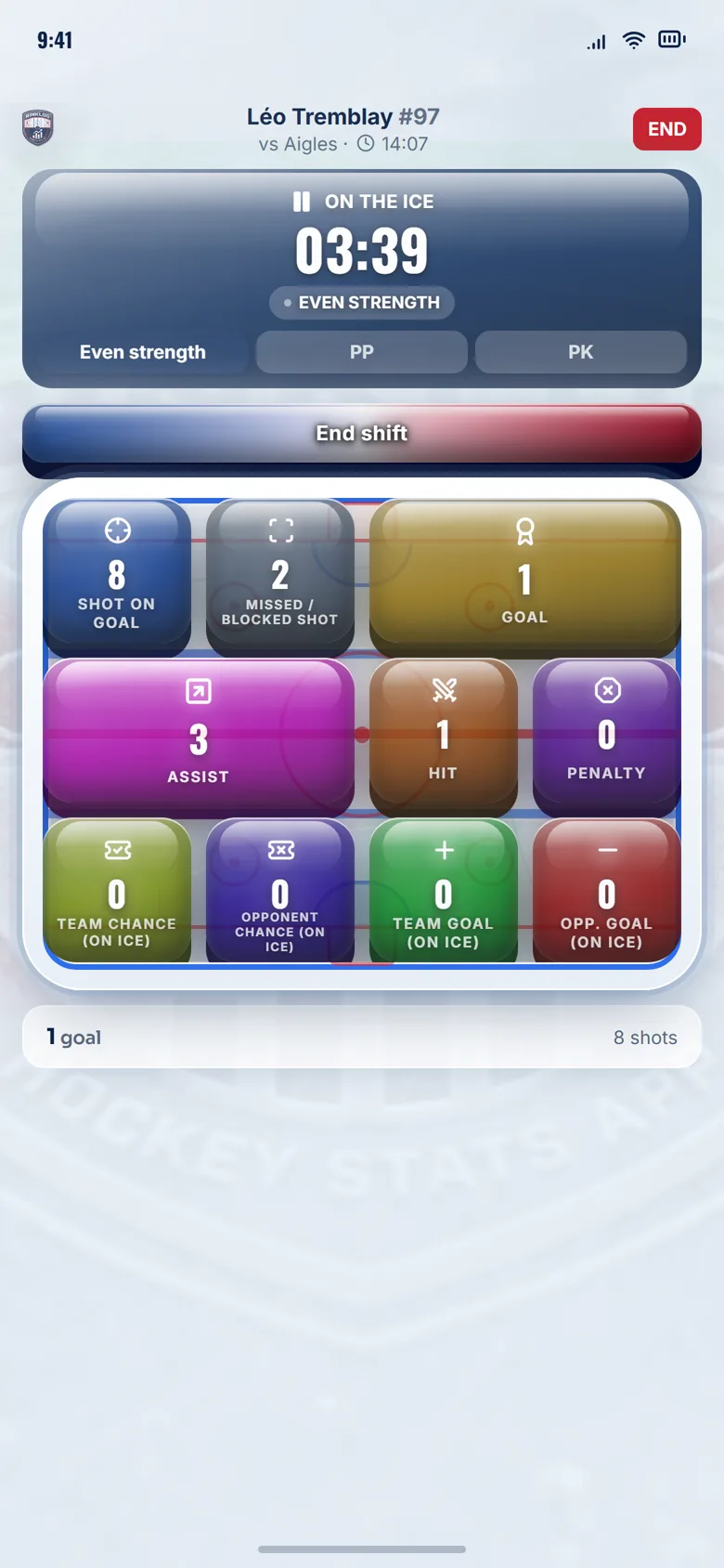 The RinkLog live board during a game: shift timer and shot, pass, chance, goal buttons